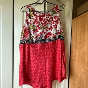 CABi vintage silk mixed pattern v-neck draw string waist blouse.  Size Large